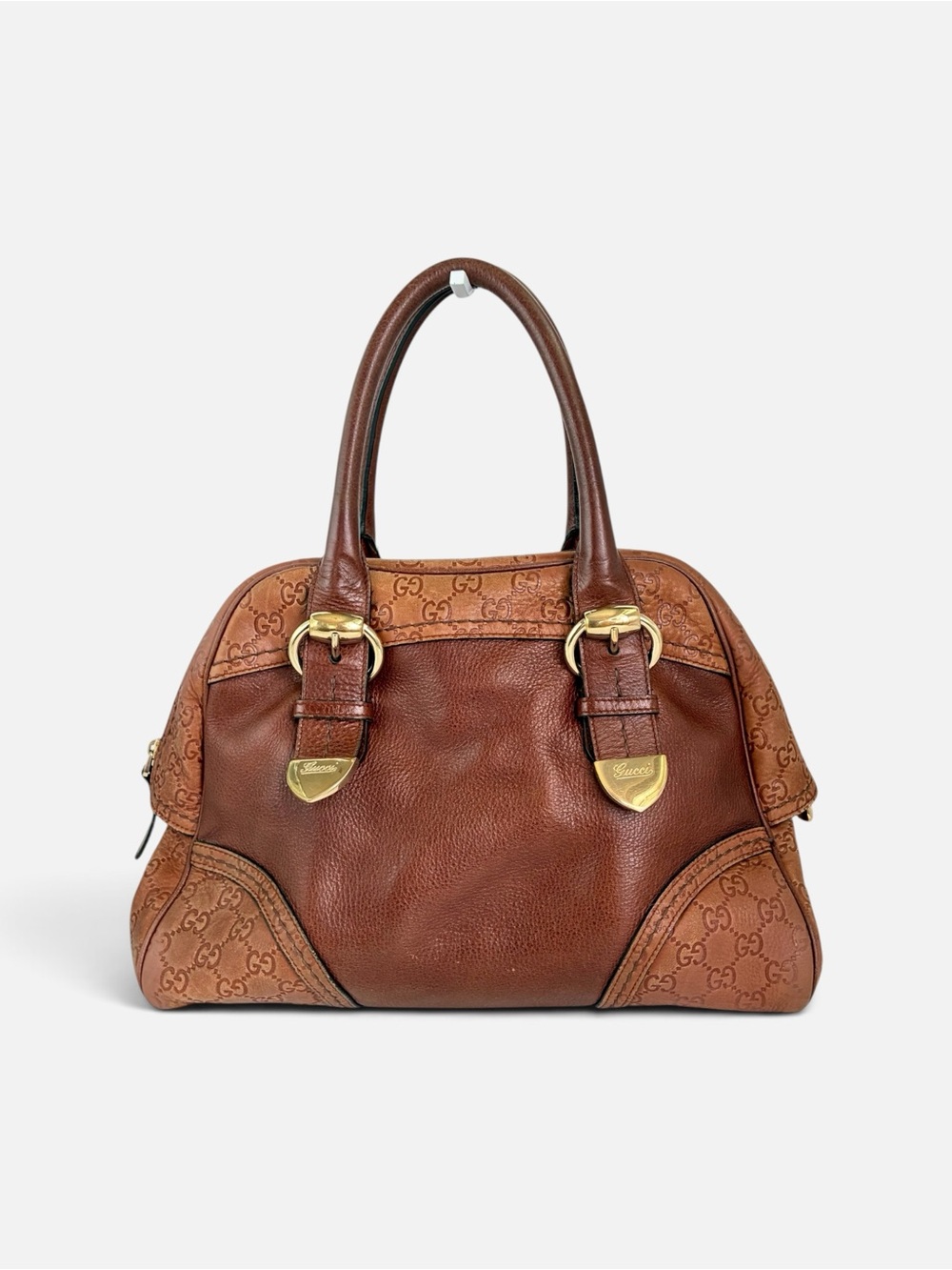 Gucci Brown Leather and GG Canvas Satchel with Gold Hardware - Picture 1 of 12